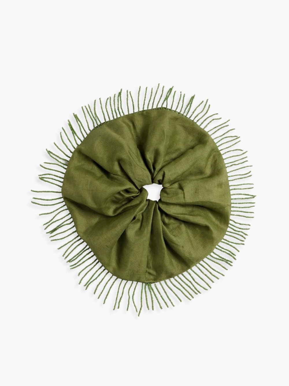 NEW Ganni Fringed Bead-Embellished Linen Hair Scrunchie Tie in Chartreuse Green